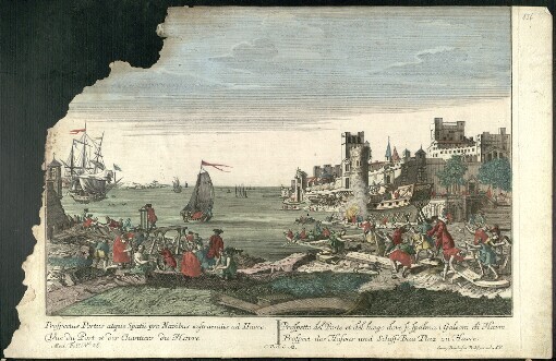 Prospectus Portus atque Spatii pro Navibus exstruendis ad Havre: Vue du Port et des Chantiers du Havre. Prospetto del Porto et del luogo dove si spalma i Galeoni di Havre. Prospect des Hafens und Schiff-Bau Plaz zu Havre. Med. Fol. No. 26