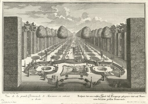 Veue de la grande Promenade de Maroniers en entrant a droite: Prospect der von rechter Hand Eingangs gelegenen und mit Maronirn besetzten grossen Promenade. No. 3