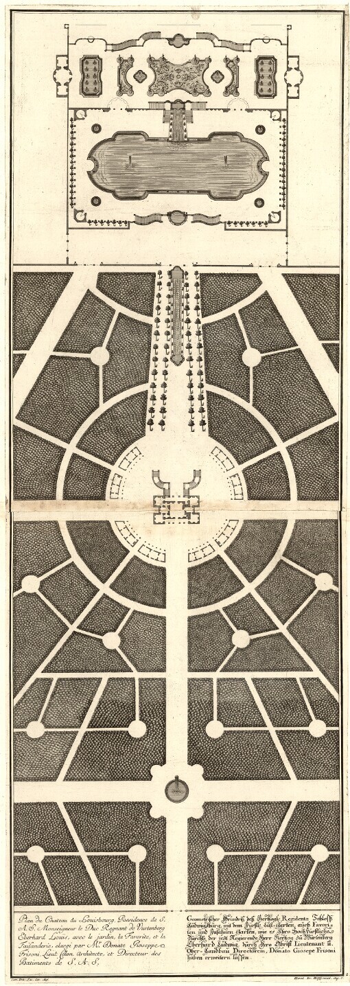 [Vues de la Residence Ducale de Louisbourg: Underschiedliche Prospect u. Grundriß des Hertzoglich Würtembergischen Residenz-Schlosses Ludwigsburg]. 2. Plan du Chateau du Louisbourg, Residence de S. A. S. Monseigneur le Duc Regnant de Vurtenberg Eberhard Louis, avec le jardin, la Favorite, et la Faisanderie, elargi par Mr. Donate Gioseppe Frisoni, Lieut Colon Architecte, et Directeur de Batiments de S. A. S. = Geometrischer Grundriß deß Hertzogl. Residentz Schloss Ludwigsburg, mit dem Fürstl. Lust-Garten, auch Favoriten und Fasahnen Garten, wie es Ihro Hoch Fürstliche Durchl. der jezt Regierende Herr Hertzog zu Würtenberg Eberhard Ludwig, durch dero Obrist Lieutenant u. Ober-Landbau Directorem, Donato Giosepe Frisoni haben erweitern lassen