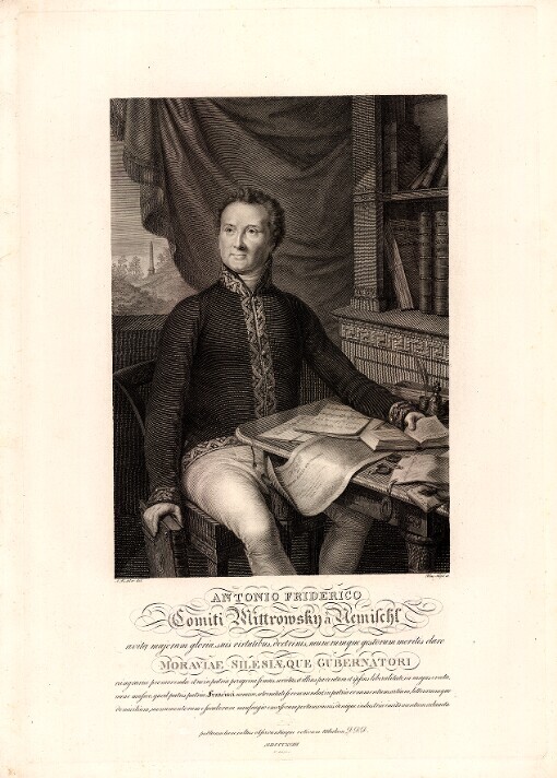 Antonio. Friderico Comiti Mittrowsky a Nemischl: avita majorum gloria suis virtutibus, doctrinis, munerumque gestorum meritis claro Moraviae Silesiae que Gubernatori rei agrariae promovendae et nein patria peregrinisimus societas et illius parentum et ipsius liberalitate in majus evecta nunc nusaeo quod patris patriae Francisci nomine aeternitatise commendat, in patriae ornamentum artium, litterarumque domicilium, monumentorum e saeculorum naufragio emersorun portum, omnis denique industriae incitamentum adaucta publicam hanc cultus observantiaeque votivam tabulam D.D.D
