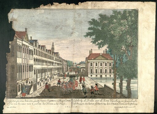 Conspectus piscinae brevioris; juxta hortos Sagittariorum Hagae Comitis. Vue vers la vivier vers le jardin des Fireurs, a la Haye: Gesicht by de Doelen over de Korte Uyverberg tot Gravenhaghe. Gesicht gegen den kleinen fischteich bey dem Schützen Garten zu Grafenhaag. 24 ; Med. fol. No. 19