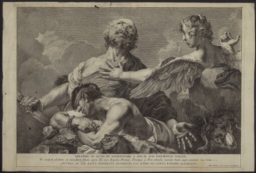 Abrahamo in Atto di Sagrificare a Dio il suo Figliuolo Isacco: Et arripuit gladium, ut immolaret filium suum Et ecce Angelus Domini Dixitque ei Non extendas manum super puerum Gen. XXII 10.11.12