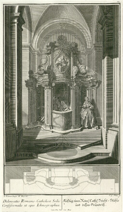 Delineatio Romano-Catholicae Sedis Confessionalis et ejus Ichnographia: Aufzug eines Röm; Cath; Zeicht-Stuhls und dessen Grundriß. XI