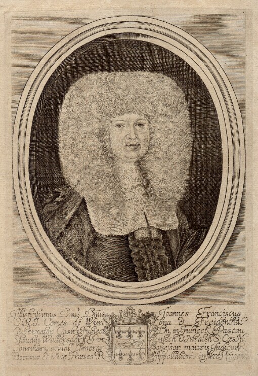 Illustrissimus Dmis Dmis Joanes Franciscus S.R.I. Comes de Würbna d. Freidenthal Gubernator Castri Fulneck. Dn. in Fulneck Pascau Staudin Wollersdorff Porxitsch d. Mratsh S. Caes. M. Consiliari, achial Camerar. asessor. maioris Iuchcy in R. Boemiae et Vice Praeses R. Appelationis in Arce Pragensi