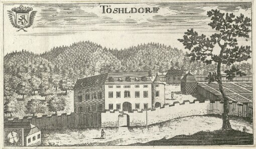 [Topographia Archiducatus Carinthiae antique & modernae completa: Das ist Vollkommne und gründliche Land-Beschreibung deß berühmten Erz-Herzogthums Kärndten: beydes nach dem Vormaligen und jetzigem Zustande desselben: Darinn Alle dessen Städte, Märckte, Klöster, und Schlösser, nebst andren Beschaffenheiten, und Miteinführung mancher, entweder zur Erläuterung dienlicher, oder sonsten sich dazu bequemender Geschichten, Nicht allein mit einer warhafften Feder, sondern auch Naturähnlichem Abriß der beschriebenen Oerter, und in Kupffer gebrachten Plätze,]. 191. Töshldorff