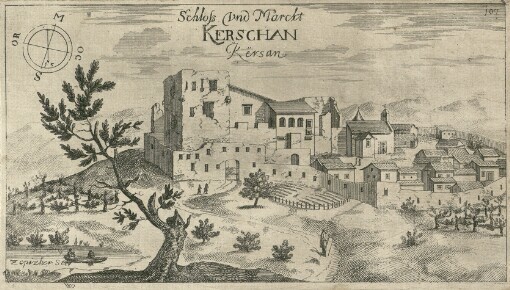 [Topographia Ducatus Carnioliae modernae das ist Controsee aller Stätt Märckht, Clöster, undt Schlösser, wie sie anietzo stehen in dem Hertzogthumb Crain]. 107. Schloss vnd Marckt Kerschan = Kërsan