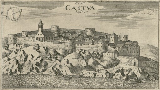 [Topographia Ducatus Carnioliae modernae das ist Controsee aller Stätt Märckht, Clöster, undt Schlösser, wie sie anietzo stehen in dem Hertzogthumb Crain]. 27. Statt Castva = Kastau