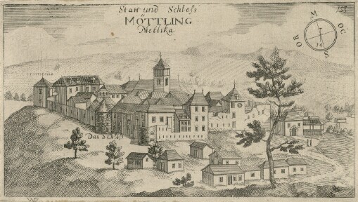 [Topographia Ducatus Carnioliae modernae das ist Controsee aller Stätt Märckht, Clöster, undt Schlösser, wie sie anietzo stehen in dem Hertzogthumb Crain]. 153. Statt und Schloss Möttling = Metlika