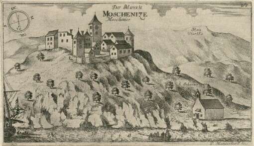 [Topographia Ducatus Carnioliae modernae das ist Controsee aller Stätt Märckht, Clöster, undt Schlösser, wie sie anietzo stehen in dem Hertzogthumb Crain]. 151. Der Marckht Moschenize = Moschenice