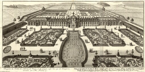 [Vues de la Residence Ducale de Louisbourg: Underschiedliche Prospect u. Grundriß des Hertzoglich Würtembergischen Residenz-Schlosses Ludwigsburg]. 3. Perspective du Jardin, du Labirinte, du Verger et du potager, aussi bien que des Orangeries, inventée par Mr. Frisoni = Perspectiv deß Obern Fürstl. Lust- Irr- Baum- u. Küchen Gartens, samt denen Orangerie Gebauen zu Ludwigsburg, von Sr. Hochfürstl. Durchl. deß Regierenden Herrn Hertzogen zu Würtemberg, Major Architect u. Ober- Land- Bau Direct Frisoni inventirt