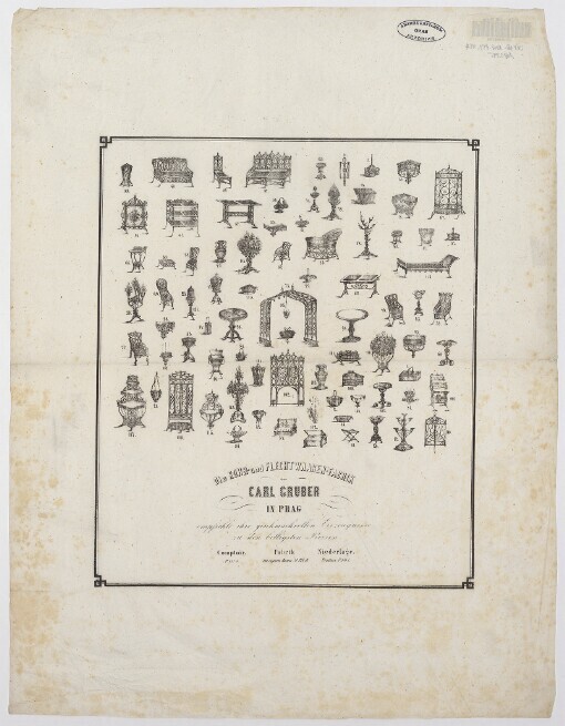 Die Rohr- und Flecht Waaren-Fabrik des Carl Gruber in Prag empfiehlt ihre geschmackvollen Erzengnisse zu den billigsten Preisen: Comptoir No. 419. Fabrik im eignen Hause No. 374-II. Niederlage Platteis. No. 416-I