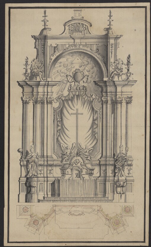 Nárys a půdorys oltáře sv. Kříže se symbolem Trojice