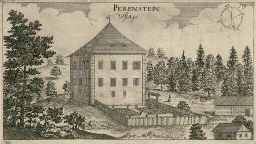 [Topographia Ducatus Carnioliae modernae das ist Controsee aller Stätt Märckht, Clöster, undt Schlösser, wie sie anietzo stehen in dem Hertzogthumb Crain]. 179. Perenstein = Vstaje