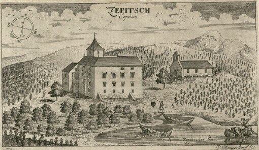 [Topographia Ducatus Carnioliae modernae das ist Controsee aller Stätt Märckht, Clöster, undt Schlösser, wie sie anietzo stehen in dem Hertzogthumb Crain]. 308. Zepitsch = Cepicse