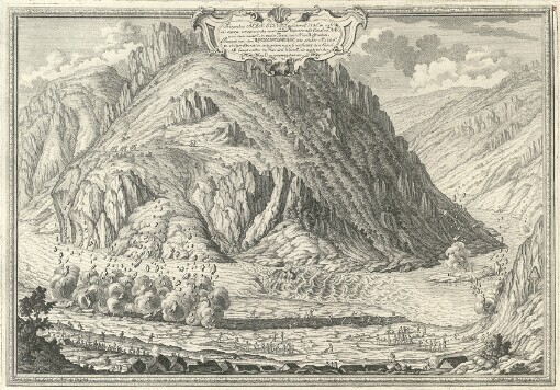 Prospectus Albae Eluviei qualiter A. 1736 in actu ali opera conspicienda erat: A.B. repraesentat Canalem A.B. una cum caute C. in medio Fluvii sicut et Viam D. effractam. = Prospect von dem Weissenschwall, wie solcher A. 1736. in volliger Operation anzusehen war, so vorstellet den Canal A.B. sampt mitlen im Flus den Felsen C. als auch wie der Weeg D. ausgesprenget worden