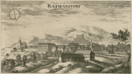 [Topographia Ducatus Carnioliae modernae das ist Controsee aller Stätt Märckht, Clöster, undt Schlösser, wie sie anietzo stehen in dem Hertzogthumb Crain]. 197. Die Statt Vnd Schloss Ratmanstorf = Radovlëca