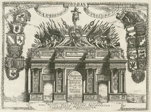 [Bairen Mit Angrenzenden Landen, Zu sonderbahr bequemen Gebrauch in XXVIII auf einander zutreffenden Tabellen vorgestellt. Samt einem Vorbericht, Anzaig der vorgekommenen Territorien einer kurzen Geographischen Eintheilung, Politischen Beschreibung, auch Entwerffung der vornehmsten Post-Strassen, und dan zu End angehängtem Allgemainem Register, Wardurch alle darinnen begriffene Laender, Staedte, Marckte, Flecken, Clöster, Schlösser, adeliche Sitz, Hofmarck, Dörfer, Einöden, auch Flüss, Seen, Waldung., Gebürg., Schmölz. und Glasshüten förderlich gefunden un zugleich, in vvas Gebieth, Bistumb, Rent-Amt, und gericht, solche liegen auf einmahl ersehen werden kan. [ Dedikováno] dem Durchleuchtigsten Fürsten, und Herrn, Herrn Maximilian Emmanuel]: [S[acri] Rom[ani] Imperii Cirvli Et Electoratvs Bavariae Tabvla Chorographica. invenit ac fecit Ao. 1663 [1655]