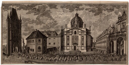 Prospect des Platzes bey den Kreutz Herren an der Brücken in der Aldtstadt Wie die Aldtstädter Bürgerschafft zu Pferd bey dem Einzug vorbey geritten diese Compagniebestünde in 100 Mann eben mit Paucken Trompeten und Standarten die Heydungen aber Gelb und Schwarz alle gleichförmlich anzusehen