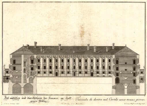 Daß außsehen und durchschnitt der Zimmer, im Hoff, gegen Mittag: Facciada di dentro nel Cortile uerso mezzo giorno