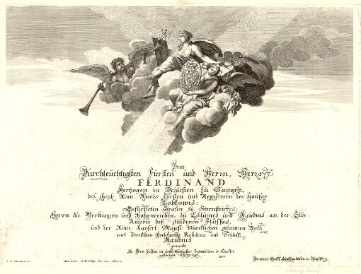 Dem Durchleutigsten Fürsten und Herrn Herrn Ferdinand Herzogen in Schlesien zu Sagan deß Heil. Röm. Reichs Fürsten und Regiereren des Haußes Lobkowitz: Gefürsteten Grafen zu Sternstein, Herrn zu Werttingen und Hohenreichen, zu Chlumec und Raudnitz an der Elbe, Rittern des Guldenen Flusßes und der Röm. Kayserl. Majest. Wörcklichen geheimen Rath