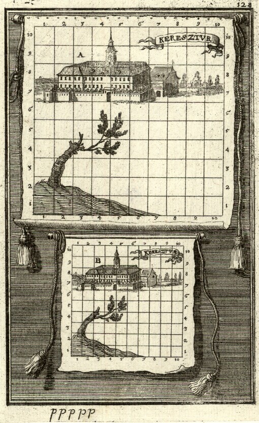 [Ertz-Herzogliche Handgriffe Deß Zirckels und Linials: Oder Außerwählter Anfang zu denen Mathematischen Wissenschafften ... Anhang oder Beschreibung Derer in den Geometrischen Kupffer-Figuren beygefügten Ungarischen Städte, Vestungen und Schlösser]. ppppp 128. Keresztvr