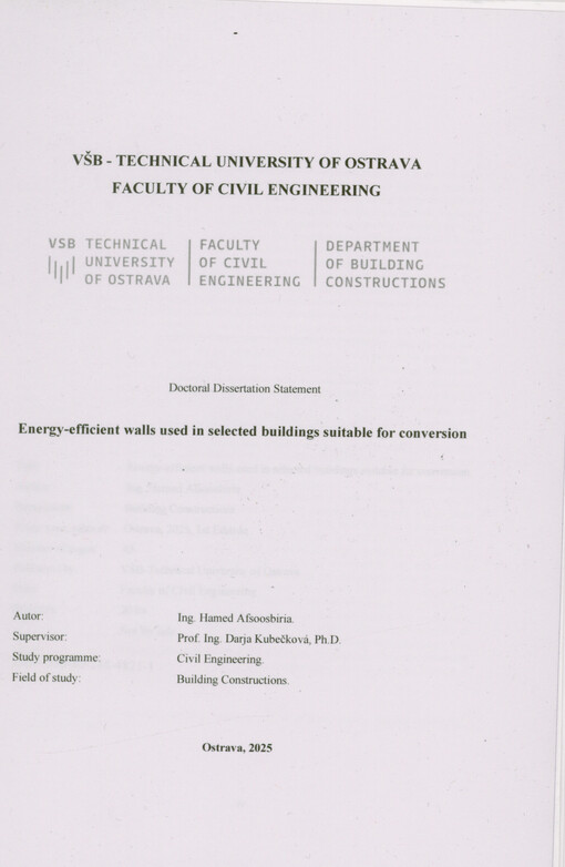 Energy-efficient walls used in selected buildings suitable for conversion : doctoral dissertation statement