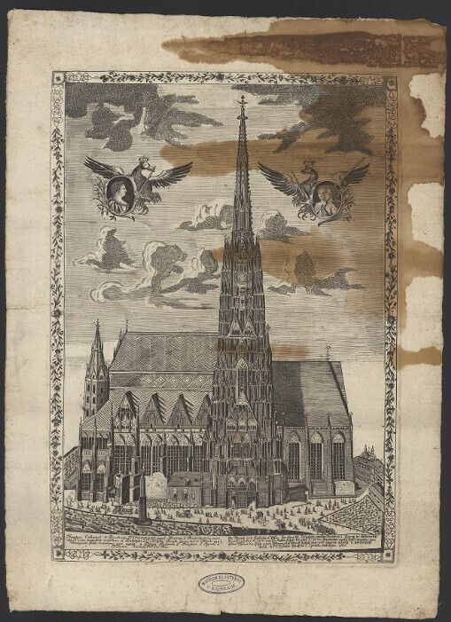 Templum Cathedral et Parochiale St. Stephani quod Henricus I. Dux Austriae extruxit Ao. 1140. augustius redditum a Rudolpho IV. Ao. 1360 Templi huijus turris ultitude 434 1/2 Viennenses pedes Commdines 450 aequat a Ponus Teutonica J. Temphum S. Ignatu et Francisci Xaverii P.P. Soc. Jesu: Die Thumb und Cathedral Pfarr- Kirchen St. Stephan welche Heinricus I. Herog. in Oesterreich fuerst erbauet Ao. 1150 von Herzog Rudolph IV. aber Ao. 1360 herrlicher perfertiger worden derseiber Thurn die Höhe 434 1/2 Wiennersch Werrk Schuh oder 450 gemeine betragt a. Das Teutsche Hauß b. PP. Jesuiten Kirch zu S. Ignatii, und Franc. Xav