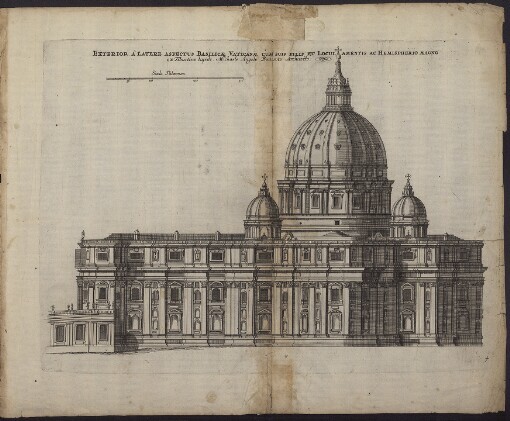 Exterior a Latere aspectus Basilicae Vaticanae cum suis pilis et Loculamentis ac Hemispherio Magno ex Tiburtino lapide Michaele Angelo Bonaroto Architecto. 4