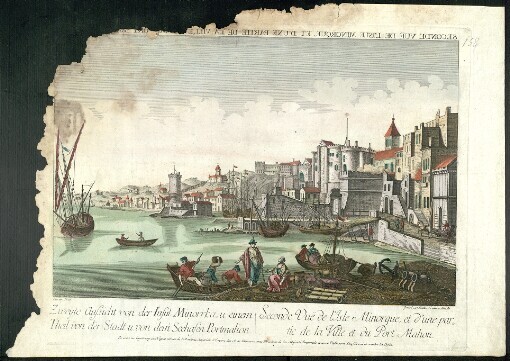 Zweyte Aussicht von der Insul Minorrka, u. einem Theil von der Stadt u. von dem Seehafen Portmalion: Seconde Vuë de l'Isle Minorque et d'une partie de la Ville et du Port Mahon