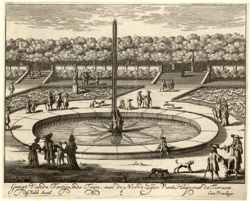 [Veues Et Perspectives De Soesdyck: Chateaux & Maison de plaisance Du Roy De La Grande Bretagne, Le tout dessiné et gravé par les plus habiles Maistres]. 6. Gesigt Van de Tontyn, inde Tuyn, aan de Noord-Zyde Vant Huys, met de Tierasse