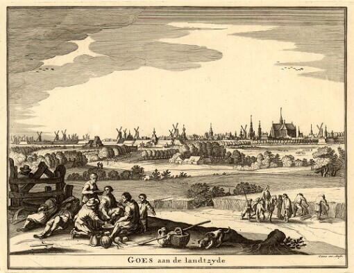 [Specvlvm Zelandiae: dat is Een Beschryvinge oste Afbeelding der Steden, Ambachts-Heerlijckheden, Dorpen Castelen, Ridderlijcke Hofsteden, Huysen en Gebouwen gelegen inde Eylanden en de Graeflyckheyt van Zeelandt]. Goes aan de landtzyde