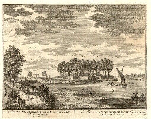 [De Zegepraalende Vecht: Vertoonende verscheidene Gesichten van Lustplaatsen, Heeren Huysen en Dorpen, Beginnende van Uitrecht en met Muyden besluytende = La Triomphante Riviere de Vecht, Remonstrant diverses Veües des Lieux de Plaisances et Maisons Seignor ales et Villages; Commençant de Uitrecht & finissant avec Muyden]. 91. De Schans Uitermeerse-Sluis van de Stad Weesp afte sien = La Fortresse Uytermeerse-Sluys Regardant de la Ville de Weesp