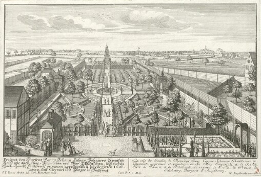 Prospect des Gartens Herrn Johann Caspar Schauers Römisch. Kaysl. wie auch Chur-Zayrischen und Chur-Pfaltzischen ingleichen Hoch-Fürstl. Saltzburg. privative approbirten u. privilegirten Distillatoris, und Chymici und Bürger in Augspurg: La vüe du Jardin de Monsieur Jean Caspar Schauer Distillateur et Chymiste approuvé et privilegié de Sa Maj. Imperiale et de S. Alt. Elect. de Baviere et de Palatinat, de meme de S. Alt le Prince de Salsbourg, Burgeois d'Augsbourg