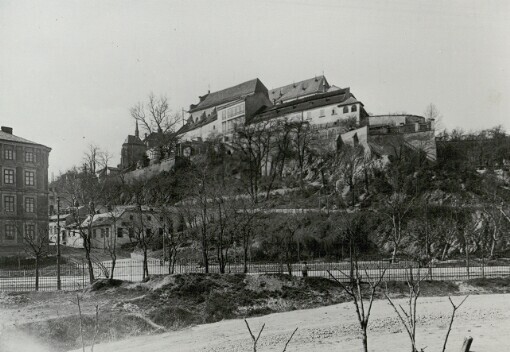 Petrov, návrší s chrámem sv. Petra a Pavla od křižovatky Hybešovy a Husovy ulice. 195