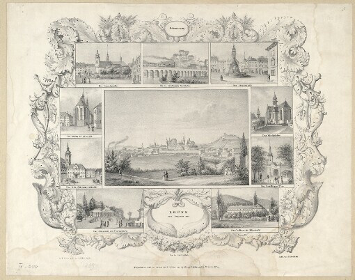 Brünn vom Augarten aus: Die Hauptwache. Die K. Ferdinands-Nordbahn. Der Krautmarkt. Das Königkloster. Das Friedlingen Thor. Das Gasthaus im Schreiwald. Die Kirche zu St. Jacob. Das k.k. Gubernial-Gebäude. Die Promenade am Franzensberg