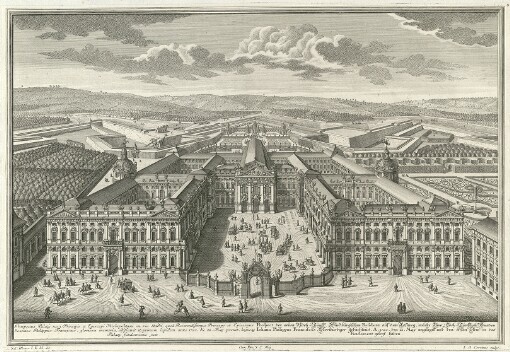 [Magnifica Pulchritudine et validissimis Munitionibus per orbem celeberrima Ducalis et Episcopalis Residentia Wurzburgum seu Herbipolis in Franconia: secundum Ichnographiam et Prospectum tum etiam quoad admiranda Residentiarum Palatia, Templa, Coenobia, Fora et alia illustria Aedificia Publica, quae â Diversis Episcopis e.g. Henrico, Gerhardo, Iulio, Ioh. Philippo, Christoph. Francisco, et imprimis Ioh. Phil. Francisco successive ad Splendorem ejus augendum extructa et cujus Magnificentia â nunc Regnante Reverendiss, ac Celsissimo Duce atque Episcopo Friderico Carolo novis Operibus majus Ornamentum et Illustrationem acquirit, accuratissime delineata = Die so wohl wegen prächtiger Schönheit, als unvergleichlicher Bevestigung Weltberühmte Hoch Fürstlich und Bischöffliche Residenz-Stadt Würzburg in Francken, im Grund-Riß und Prospect und dann nach denen Verwundernswürdigen Residenz-Pallästen, Kirchen, Clostern, Marckt-Plätzen und andern illustren publiquen-Gebäuen so von verschiedenen Bischöffen, Henrico, Gerhardo, Iulio, Ioh. Philippo Christoph. Francisco, und sonderlich Ioh. Philippo Francisco von Zeit zu Zeit verherrlichet worden, und von dermalen regierenden Hoch-Fürstlichen Gnaden Friderico Carolo durch Aufführung neuer Wercke der Ruhm und Zierde derselben immer vergrößert wird]. 4. Prospectus Palatis novi Principis et Episcopi Herbipolitani in via Stadii, quod Reverendissimus Princeps et Episcopus Joannes Philippus Franciscus, gloriosae memoriae, aedificavit et primum lapidem, anno 1720 die 22 Maij posuit, hujus Palatij fundamenta jecit = Prospect der neuen Hoch-Fürstl: Würzburgischen Residenz auf dem Rennweg, welche Ihro Hoch-Fürstlich: Gnaden Iohann Philippus Franciscus, Glorwürdiger Gedächtnus, A. 1720. den 22 May angelegt und den ersten Stein in das Fundament gelegt haben