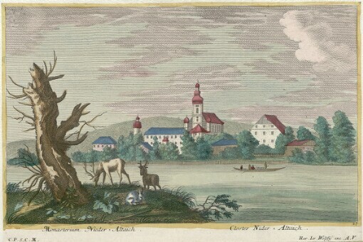 [Theatrum Danubii exhibens Varios Prospectus amoenissimos Arcium, Templorum, Coenobiorum etc. quae Danubio adjacent ac Augusta iter faciendes Viennam oculis usurpantur: Schauplatz des Donau-Storms das ist Unterschidliche angenehme Prospecte von Schlössern, Kirchen, Clöstern welche sich auf der Reisse von Augspurg nach Wienn an der Donau liegend praesentiren]. 27. Monasterium Nieder-Alteich = Closter Nider-Altaich