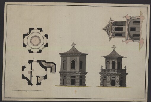 [Návrh dvou zahradních altánků - půdorys, nárys a průřez]