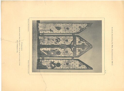 Kirchliche Ausstellung des Mähr. Gewerbemuseums 1884-5. No. 73. Triptychon Byzantinisch-russisch, Bronze, bunt emaillirt, 11 (33) cm. breit und 17 cm hoch; 17 Jahrh. Maler F. Wachsmann in Prag