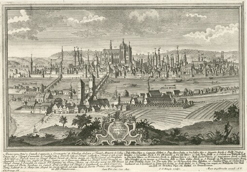 [Repraesentatio & Delineatio diversorum Prospectuum celeberrimae & liberae Imperii Civitatis Ratisbonae: cujus tam praecipua Fora & Areae, quam Templa & alia Aedificia juxta Naturam & Situm accuratissime = Vorstellung und Abrisse unterschiedlicher Prospecte Der Welt- berühmten Freyen Reichs-Stadt Regensburg, So wohl der vornehmsten Plätze, als auch einiger Kirchen und anderer Gebäude, Nach der Natur und Situation auf das fleißigste]. 2. Ratisbona Vers Danubium = Regenspurg von der Wasser Seiten