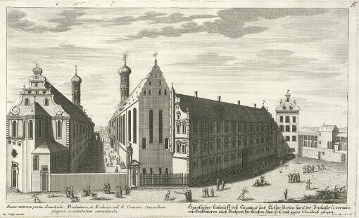 Facies externae portae claustralis, Praelaturae, et Ecclesiae ad S. Crucem Secundum plagam occidentalem considerata: Eigentlicher Entwurff deß Eingangs und Closter Porten samt der Praelatur u. vornemmeren Gastzimmeren auch Prospect der Kirchen zum H. Creutz gegen Occident gelegen