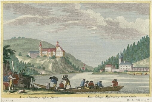 [Theatrum Danubii exhibens Varios Prospectus amoenissimos Arcium, Templorum, Coenobiorum etc. quae Danubio adjacent ac Augusta iter faciendes Viennam oculis usurpantur: Schauplatz des Donau-Storms das ist Unterschidliche angenehme Prospecte von Schlössern, Kirchen, Clöstern welche sich auf der Reisse von Augspurg nach Wienn an der Donau liegend praesentiren]. 49. Arx Bisemberg infra Grein = Der Schloss Bissemberg unter Grein