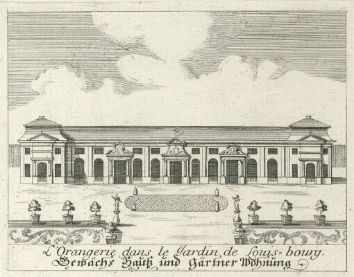 [Veves et Parties Principales de Louis-Bourg à Son Altesse Sre. Monsgr: le Duc Regnent de Wurtemberg General Feld Mareschal de S. M. J. et du Cercle de Swabe et General de la Cavallerie du St. Empiere: Prospect und Theile des Fürstl: Hauses und Gartens Ludwigs-burg Des Durchl: Fürsten und Herrens, Herrens Eberhard Ludwigen Hertzogen zu Wurtemberg und Teck, Grafens zu Mömpelgard und Herrens zu Heidenheim der Röm: Rej: Maj: und des Loß: Schwäb Creis wie auch des H. R: Reichs respective General Feld Marschal und General der Cavallerie]. 9. L'Orangerie dans le Jardin de Louis-bourg = Gewächs Hauß und Gärtner Wohnung