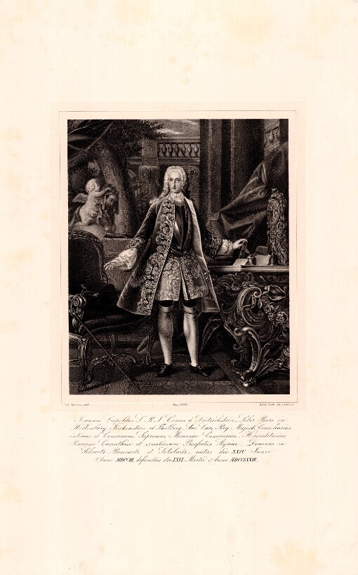 Joannes Leopoldus S.R.J. Comes a Dietrichstain, Liber Baro in Hollenburg, Finkenstein et Thalberg, Sac. Caes. Reg. Majest. Consiliarius intimus et Camerarius, Supremus Moraviae Camerarius, Haereditarius Pincerna Carinthiae et venationum Praefectus Styriae, Dominus in Selowitz, Boskowitz et Sokolnitz, natus die XXIV Junii Anno MDCCIII, defunctus die XXVI Martii Anno MDCCLXXIII