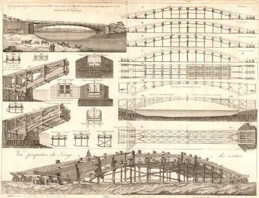 [Planches à servir pour l'ouorage de Mr. Wiebeking, qui contient und partie de la science construire les ponts]. 101. Vue perspective du pont sur la rivière Rott, d'une Arche de C.C. pieds exécuté 1808/9 d'après les projets et sous la direction de M. Wiebeking. Vue perspective du Levage des eintres