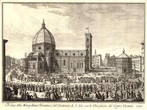 [Scelta Di XXIV Vedute delle principali Contrade, Piazze, Chiese, e Padazzi della Citta di Firenze]. T. XXI. Veduta della Metropolitana Fiorentina, e del Battistero di S. Gio. con la Processione del Corpus Domini