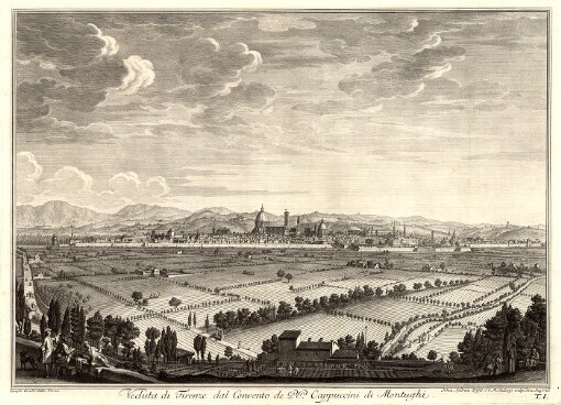 [Scelta Di XXIV Vedute delle principali Contrade, Piazze, Chiese, e Padazzi della Citta di Firenze. T. 1. Veduta di Firenze dal Convento de PP. Cappuccini di Montughi