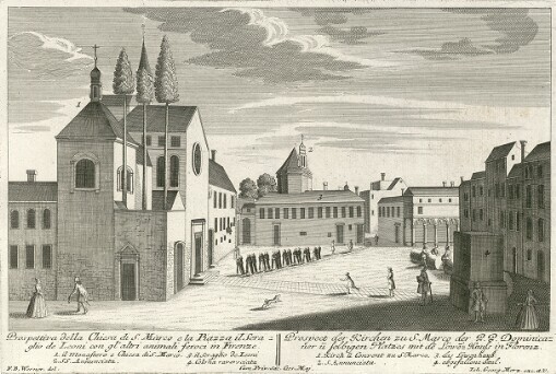 [Florentia. La Famosa e meritevole Citta di Firenze, cio é I piu considerabili Prospetti delli Chiese, Residenze, Pallazi, Piazze e Ville d'entro e fuori di detta excelsa Citta: Florenz. Das sehenswürdige und berühmte Florenz, das ist Accurate Abbildungen, derer vornehmbsten Prospecten von Kirchen, Residentien, Pallatien, Plaetzen und Lust-Häussern, in und um diese berühmte Haupt- und Residenz-Stadt]. Prospettiva della Chiesa di S. Marco e la Piazza il Seraglio de Leoni con gl' altri animali feroci in Firenze = Prospect der Kirchen u S. Marco der P.P. Dominicanner und selbigen Platzes mit den Löwen-Hauss in Florenz
