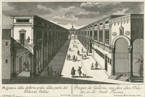 [Florentia. La Famosa e meritevole Citta di Firenze, cio é I piu considerabili Prospetti delli Chiese, Residenze, Pallazi, Piazze e Ville d'entro e fuori di detta excelsa Citta: Florenz. Das sehenswürdige und berühmte Florenz, das ist Accurate Abbildungen, derer vornehmbsten Prospecten von Kirchen, Residentien, Pallatien, Plaetzen und Lust-Häussern, in und um diese berühmte Haupt- und Residenz-Stadt]. Prospettiva della Galleria presso della parte del Palazzo Vechio = Prospect der Galleria, von dem alten Palatio, in der Stadt Florenz