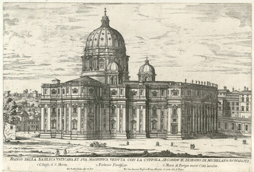 [Il Nvovo Teatro delle Fabriche, et Edifici in Prospettiva di Roma Moderna. Il terzo libro]. Fianco della Basilica Vaticana et sva Magnifica Vedvta con la Cvppola, Secondo il Disegno di Michelang. Bonaroti